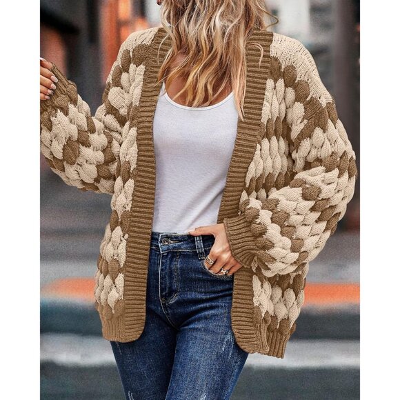 Womens Chunky Knit Cardigan Open Front Lantern Sleeve Color Block Cozy Sweater - Picture 6 of 6